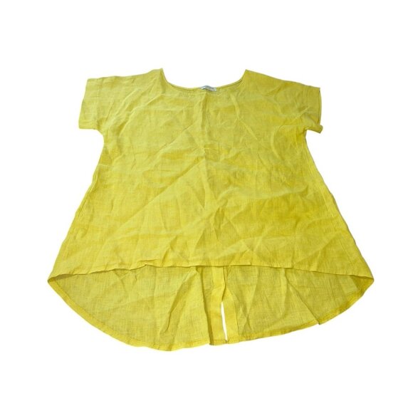 Terzo Millennio Womens Medium Yellow 100% Linen Blouse Tunic Button Back - Picture 1 of 10